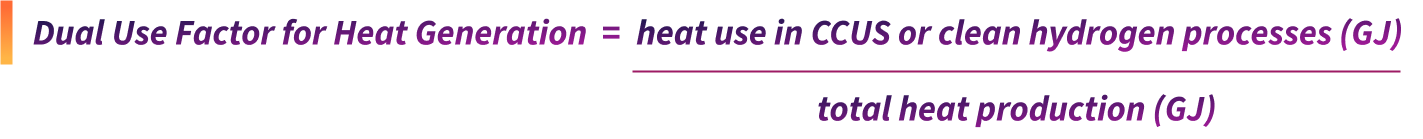 Dual use factor for heat generation equals heat use in CCUS or clean hydrogen processes (GJ) divided by total heat production (GJ)
